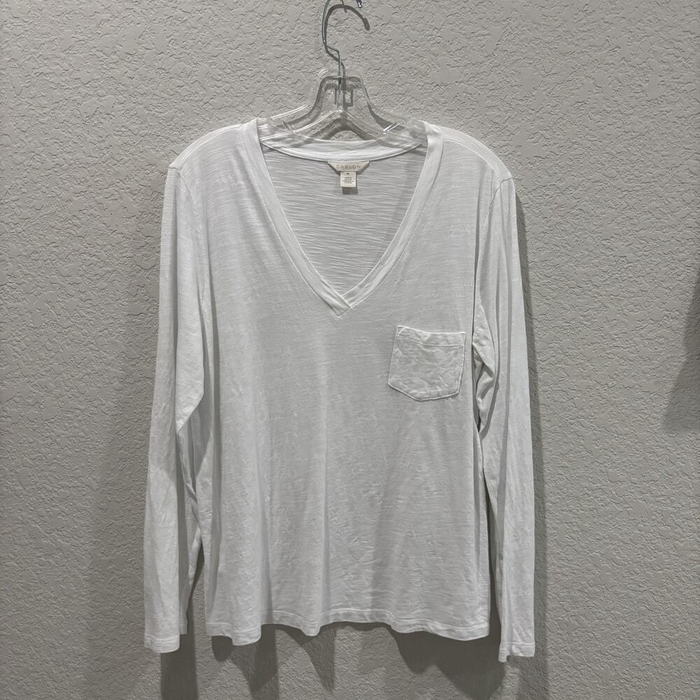 Caslon XL White Long Sleeve V Neck Pocket Tee Lightweight Slub Knit Top Women